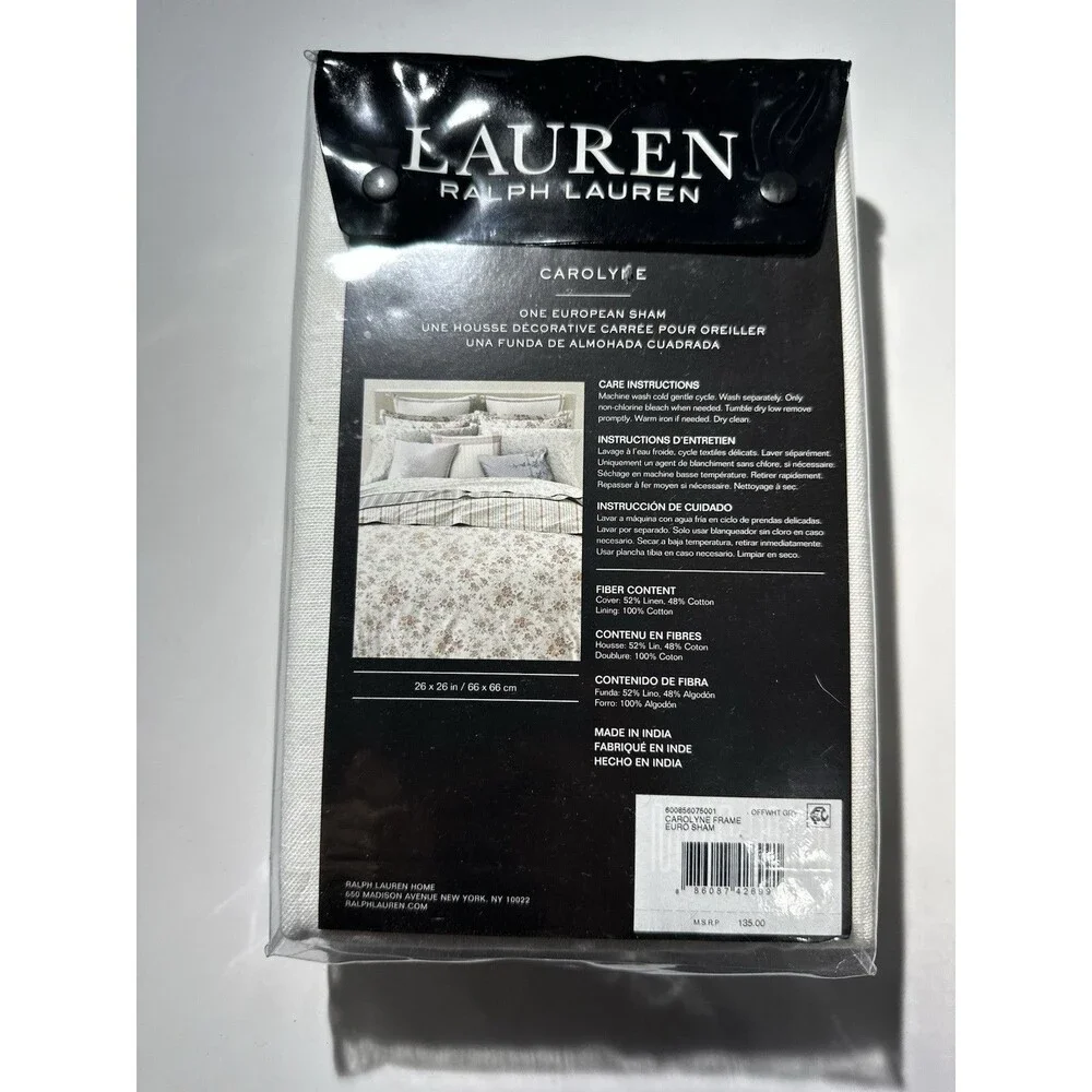 (2) Ralph Lauren CAROLYNE FRAME OFF WHITE GRAY LINEN Euro Shams 26x26 NEW